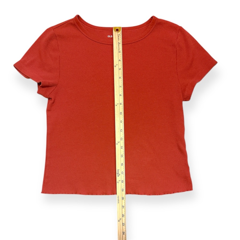 Old Navy Rib Knit Short Sleeve T-Shirt Ruffled Hem Women’s L Rust Orange - Picture 2 of 6